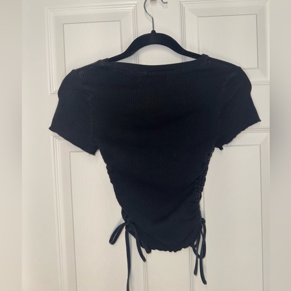 Drawstring Ruched Black Ribbed Women's Top - Picture 2 of 3